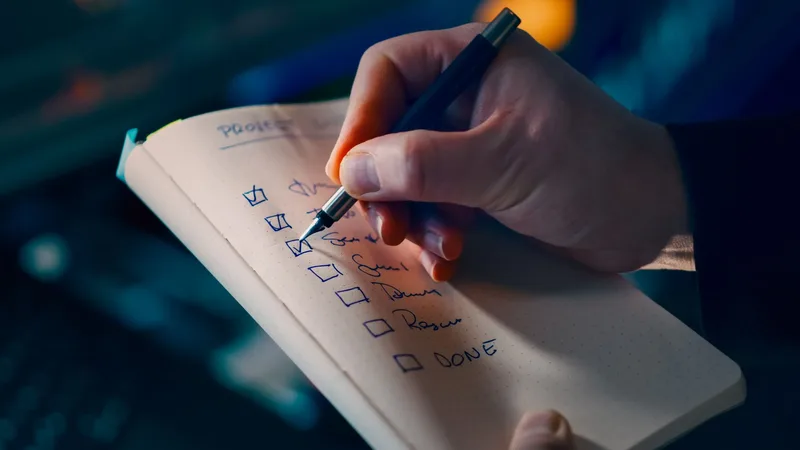 Close-up of a hand writing on a small checklist notebook with checkboxes, representing a maintenance routine for a funnel system