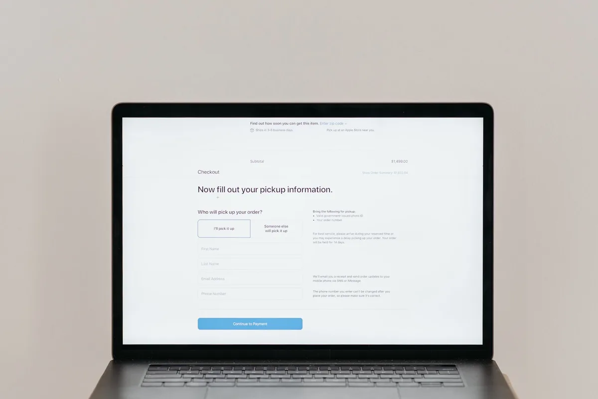 Laptop screen showing a checkout page with a product summary and price, representing an online sales stack