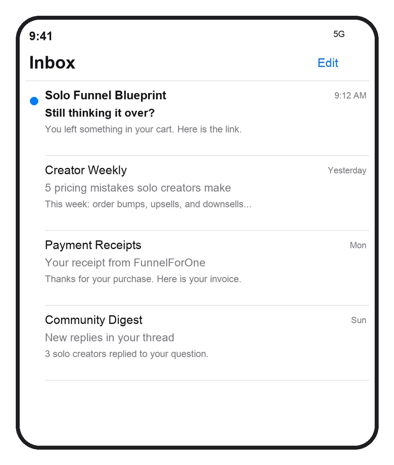 Email inbox on a phone screen showing an abandoned cart reminder message
