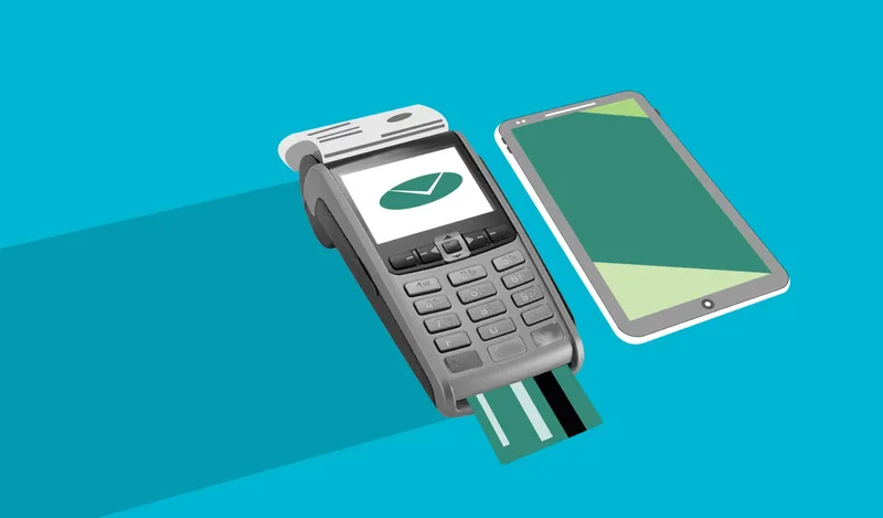 A cutout illustration of a payment terminal and smartphone, representing the checkout step of a sales funnel